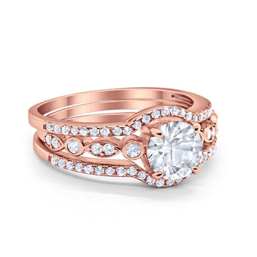 Trio Set Three Piece Wedding Ring Round Rose Tone, Simulated Cubic Zirconia 925 Sterling Silver